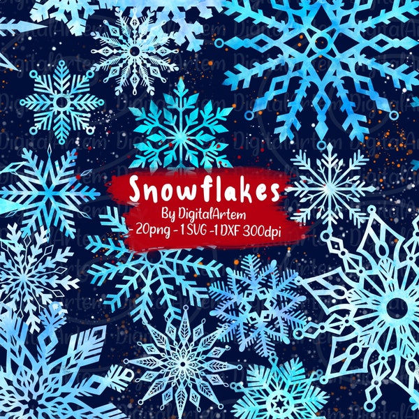 Frozen Snowflakes Clipart - Blue snowflakes -Snowflake SVG, PNG, DXF images - Commercial use snowflake clipart - Frozen clipart - Christmas