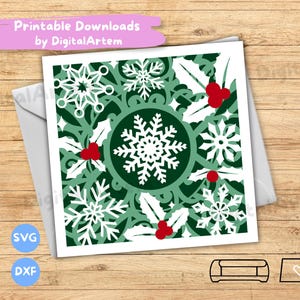 Gelaagde feestelijke kerstkaart SVG. Kerstkaart downloaden. Kerstkaart met hulstbessen. 3D-gelaagdheid SVG DXF. Digitale download. Afdrukbaar