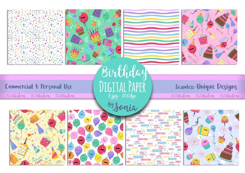 children party- wrapping paper seamless- Background Birthday Digital paper kawaii cake Birthday party patterned paper kid party