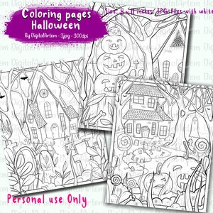 Páginas para colorear de Halloween - Páginas para colorear imprimibles digitales, JPG 300dpi, calabaza, casa embrujada, página para colorear, espeluznante. Sólo para uso personal