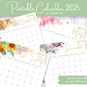 Calendario 2025 para descargar e imprimir, elegante calendario mensual con motivos florales en acuarela, calendario imprimible para escritorio y pared en tamaño carta de EE. UU. Comienza en domingo