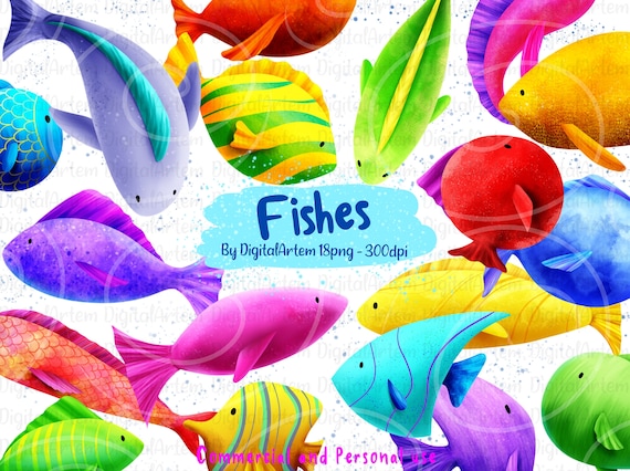 Colorful Fish Clipart - Underwater clipart - Clown fish clipart - Colorful  fish - Beach - Ocean - Tropical fish - Summer clipart - Fishing