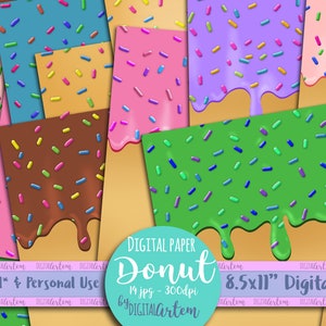 Papel digital tamanho carta, Papéis digitais Donut, 8,5x 11 polegadas, Doces, bordas gotejantes, papel esmalte rosquinha, padrão digital, tamanho carta