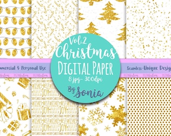 GOLD Christmas DIGITAL PAPER-Seamless paper-Christmas paper pack-Beautiful paper-Luxury paper-Patterned paper-Gold and white-Seasonal paper