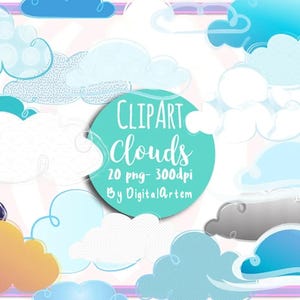 Cute Clouds- Cloud Clipart - Kawaii Cloud- Doodle Clouds- Clip Art - Colorful Clouds- textured clouds- Instant Download - 300dpi - 20 images