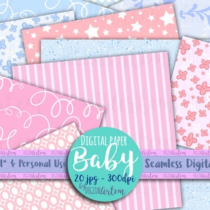 Baby nursery Digital paper - Baby blue - Pinks - Shapes- Flowers - Baby shower - Gender reveal - Boy Girl - Digital papers- Commercial use