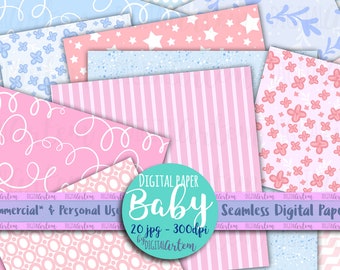 Baby nursery Digital paper - Baby blue - Pinks - Shapes- Flowers - Baby shower - Gender reveal - Boy Girl - Digital papers- Commercial use