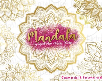 Gold Mandala Clipart: Geometric Frames, Logo Graphics (PNG Digital Download)