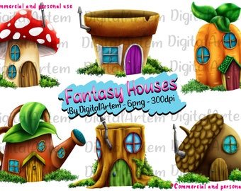 Fairy Houses Clipart - Fantasy houses - Mushroom house - Watering can - Carrot -Acorn - Pot - Tree house - Clipart - Commercial use - Garden