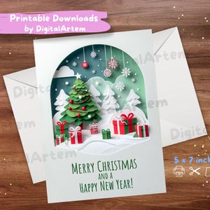 Prachtige op Papercut geïnspireerde illustratiekerstkaart. DIGITALE DOWNLOAD. Kerstwenskaart. Thuis afdrukken. Persoonlijk gebruik