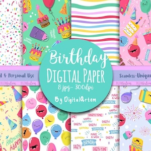 Compleanno Carta digitale - Carta fantasia per feste di compleanno - Festa per bambini - Torta kawaii - Festa per bambini - Carta da imballaggio senza soluzione di continuità - Sfondo