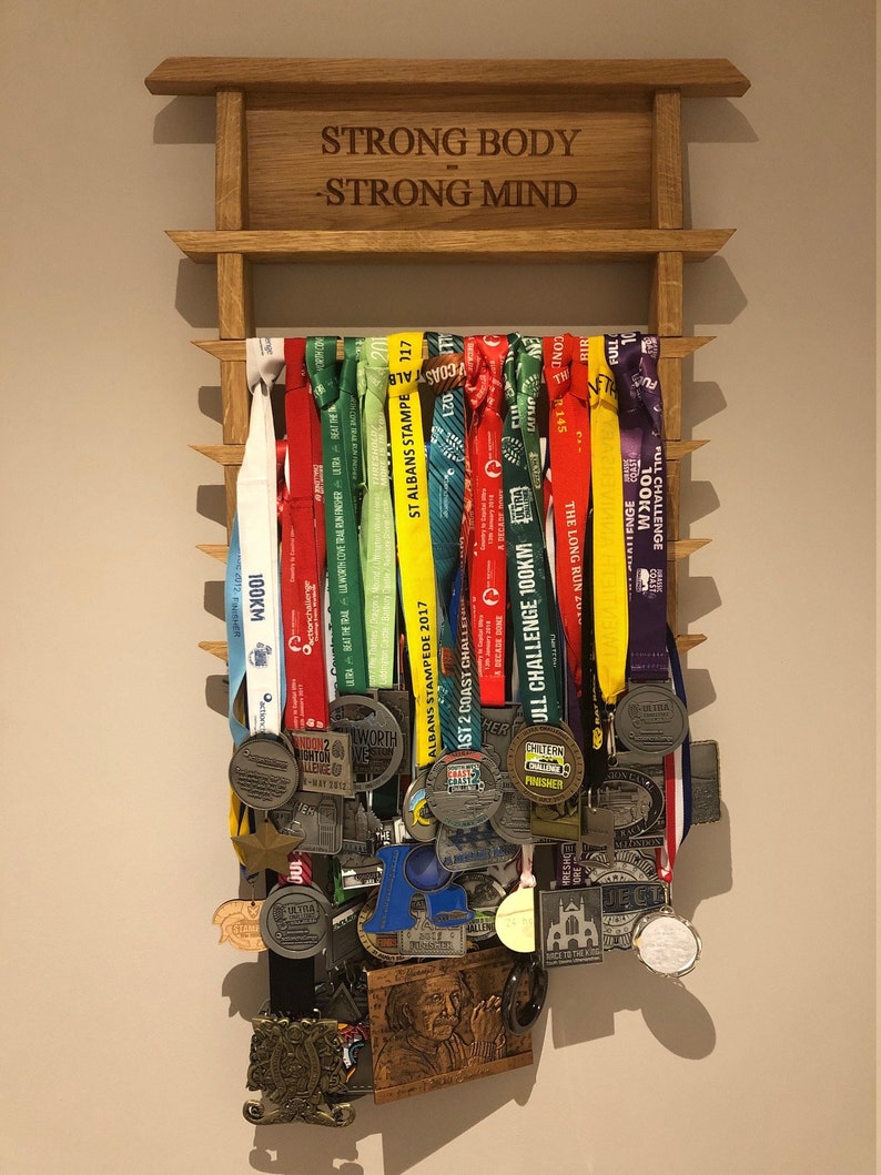 Personalized Oak Medal Display Rack, Engraved Sport Achievement Hanger ...