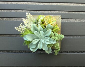 Succulent Arrangement, Faux Succulent Wall Hanging 7.5" in Metal Box, Succulent Wall, Boho Decor, Farmhouse Decor, Vertical Garden