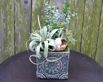 Succulent Arrangement, Faux Succulent Arrangement in Square Ceramic Pot, Succulent Centerpiece, Succulent Decor, Boho, Succulent Planter