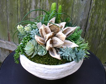 Large Succulent Arrangement, Faux Succulent Planter Papier-Mache Bowl, Large Centerpiece, Succulent Centerpiece, Farmhouse, Boho, Seed Pod