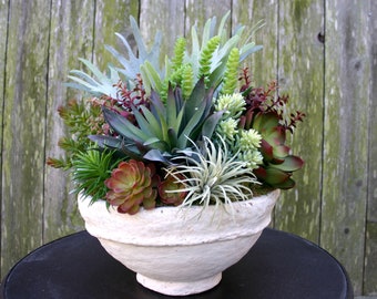 Large Succulent Arrangement, Faux Succulent Planter in Papier-Mache Bowl, Large Centerpiece, Succulent Centerpiece, Farmhouse Decor, Boho