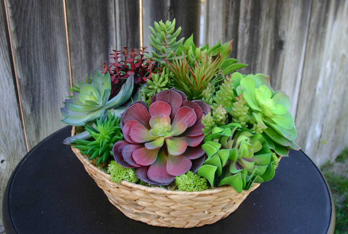 Succulent Arrangement Large Seagrass Basket Faux Succulent Etsy
