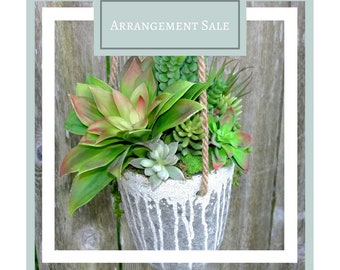 SALE Succulent Arrangement - Faux Succulent Hanging Cement Pot - Hanging Garden - Home Gifts - Succulent Planter - Hanging Planter, Boho