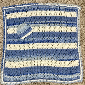 Free Shipping!! Crochet Baby Boy Blanket and Hat Set in Blue and White
