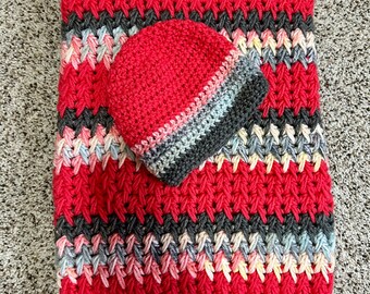 Free Shipping! Crochet Baby Girl Blanket and Hat Set in Gray and Coral