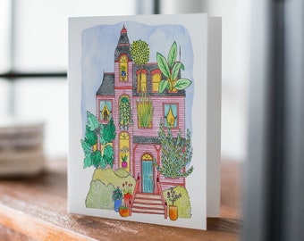 House Plant Art | Victorian House Blank Card - Single Card and Envelope