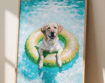 Labrador Pool Float Wall Art Print, Impressionist Labrador Beach Painting, Summer Dog Decor, Coastal Wall Art, Dog Lover Gift