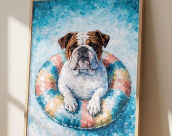 English Bulldog Pool Float Wall Art Print, Impressionist Bulldog Painting, Beach Dog Decor, Coastal Summer Artwork, Bulldog Lover Gift