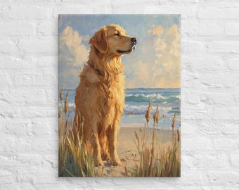 Golden Retriever Beach Canvas Wall Art, Coastal Dog Canvas Print, Ocean Decor, Beach House Wall Art, Golden Retriever Gift