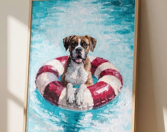 Boxer Pool Float Wall Art Print, Impressionist Dog Painting, Beach Dog Decor, Coastal Summer Artwork, Boxer Lover Gift
