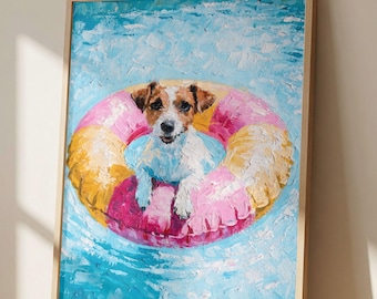 Jack Russell Terrier Pool Float Wall Art Print, Impressionist Dog Painting, Beach Dog Decor, Coastal Summer Artwork, Jack Russell Gift