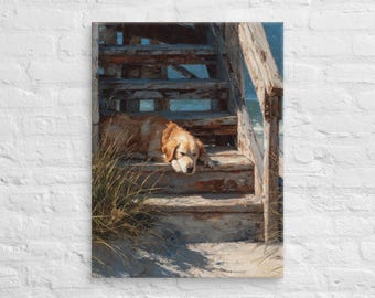 Golden Retriever Beach Canvas Wall Art, Coastal Dog Canvas Print, Sleeping Beach Dog Artwork, Coastal Cottage Decor