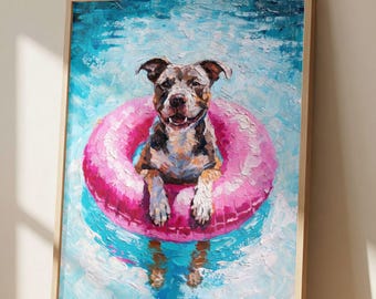 Pit Bull Pool Float Wall Art Print, Impressionist Dog Painting, Beach Dog Decor, Coastal Summer Artwork, Pitbull Lover Gift