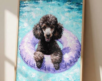 Black Poodle Pool Float Wall Art Print, Impressionist Dog Painting, Beach Dog Decor, Coastal Summer Artwork, Poodle Lover Gift