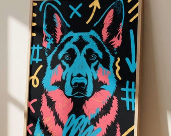 German Shepherd Pop Art Print, Colorful German Shepherd Wall Art, Modern Dog Portrait, Street Art Dog Poster, Contemporary Pet Decor