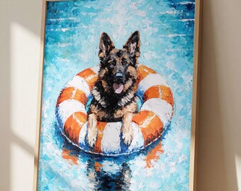 German Shepherd Pool Float Wall Art Print, Impressionist Dog Painting, Beach Dog Decor, Coastal Summer Artwork, GSD Lover Gift