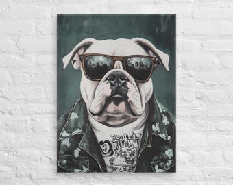 Bulldog Canvas Print, Cool Bulldog Wall Art, Modern Dog Portrait, Bulldog with Sunglasses, Contemporary Dog Decor, Ready to Hang