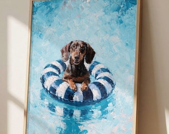 Dachshund Pool Float Wall Art Print, Impressionist Wiener Dog Painting, Beach Dog Decor, Coastal Summer Artwork, Doxie Lover Gift