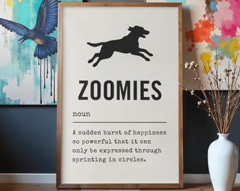 Zoomies definitiontryck utskrivbart, rolig hundväggkonst, hundälskarepresent, husdjursförälderdekor, hundmammapresent, digital nedladdning