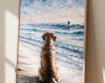 Golden Retriever Beach Print, Impressionist Coastal Dog Art, Surfing Dog Wall Decor, Ocean Lover Gift, Seaside Pet Painting