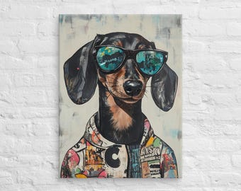 Dachshund Canvas Print, Cool Dachshund Wall Art, Modern Dog Portrait, Dachshund with Sunglasses, Colorful Dog Decor