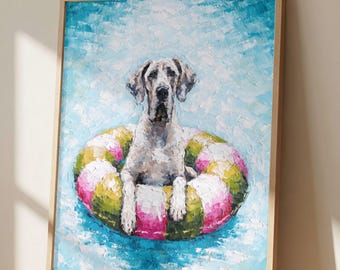 Great Dane Pool Float Wall Art Print, Impressionist Dog Painting, Beach Dog Decor, Coastal Summer Artwork, Great Dane Lover Gift