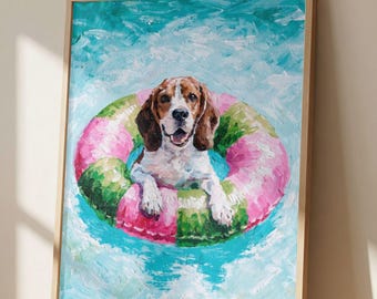 Beagle Pool Float Wall Art Print, Impressionist Dog Painting, Beach Dog Decor, Coastal Summer Artwork, Beagle Lover Gift