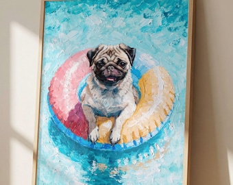 Mops poolmadrass väggkonsttryck, impressionistisk hundmålning, strandhunddekor, kustnära sommarkonstverk, mopsälskarepresent