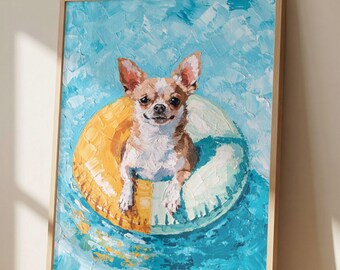 Chihuahua Pool Float Wall Art Print, Impressionist Dog Painting, Beach Dog Decor, Coastal Summer Artwork, Chihuahua Lover Gift