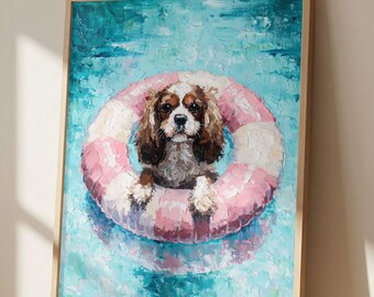 Cavalier King Charles Spaniel Pool Float Wall Art Print, Impressionist Dog Painting, Beach Dog Decor, Coastal Pet Lover Gift