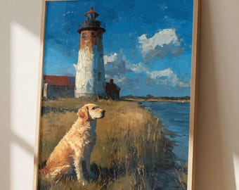 Golden Retriever Lighthouse Coastal Wall Art Print, Impressionist Beach Dog Painting, Coastal Cottage Decor, Dog Lover Gift