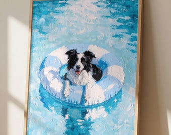 Border Collie Pool Float Wall Art Print, Impressionist Dog Painting, Beach Dog Decor, Coastal Summer Artwork, Border Collie Gift