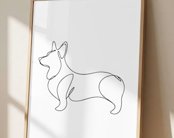 Minimalist Corgi One Line Wall Art Print, Modern Welsh Corgi Continuous Line Drawing, Scandinavian Dog Decor, Dog Lover Gift
