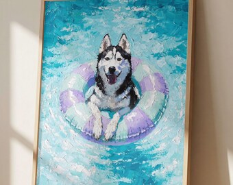 Siberian Husky Pool Float Wall Art Print, Impressionist Dog Painting, Beach Dog Decor, Coastal Summer Artwork, Husky Lover Gift