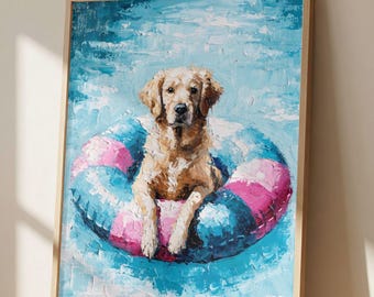 Golden Retriever Pool Float Wall Art Print, Impressionist Dog Painting, Beach Dog Decor, Coastal Summer Artwork, Golden Retriever Gift